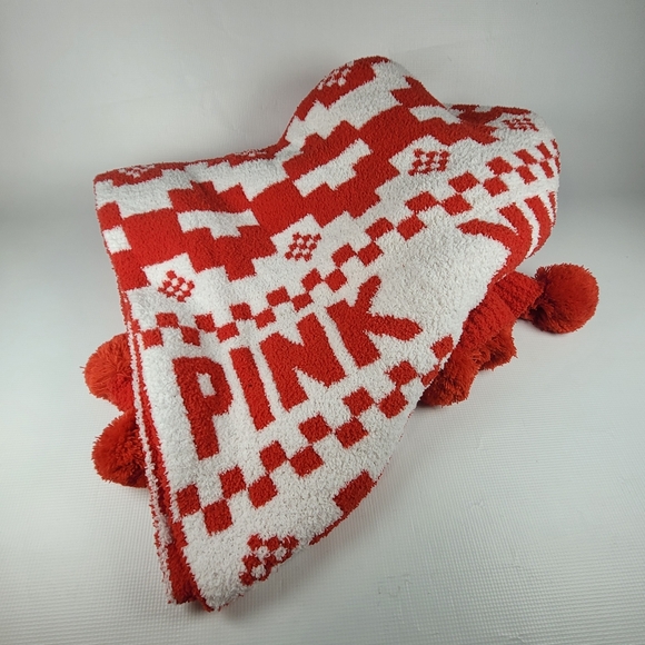 NWT PINK Victoria's Secret MARSHMALLOW Pom-Pom Tasel Red-White Blanket Cozy - Picture 4 of 9